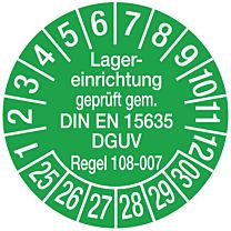 Prüfplakette - Lagereinrichtung geprüft - DIN EN 15635/DGUV Regel 108-007