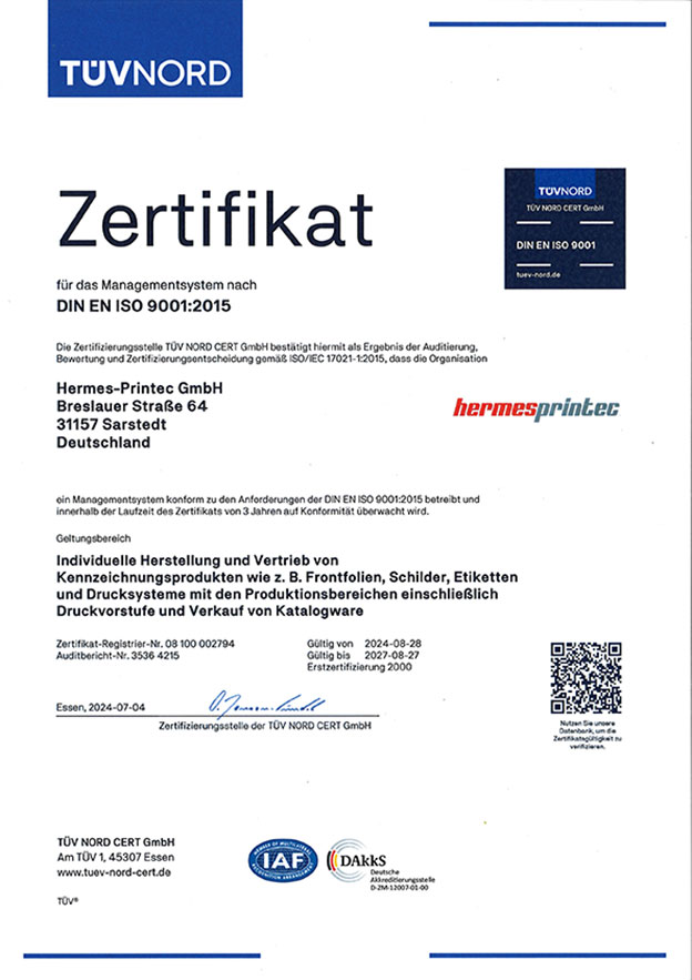 Zertifikat DIN EN ISO 9001:2015 